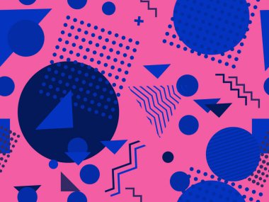 80 'lerin tarzında geometrik şekilli kusursuz desen. Kağıt, reklam materyali ve kumaş basmak için modaya uygun bir geçmişe dönüş. Vektör illüstrasyonu