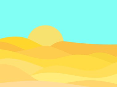 Minimalist tarzında kum tepeleri olan çöl manzarası. Kırmızı güneş düz tasarım. Parmak izleri, posterler ve iç tasarım için boho dekoru. Orta Çağ modern dekoru. Vektör illüstrasyonu