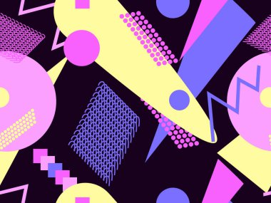 Memphis kusursuz desen. Geometrik elementler 80 'ler tarzında memphis. Kağıt, reklam materyali ve kumaş basmak için modaya uygun bir geçmişe dönüş. Vektör illüstrasyonu