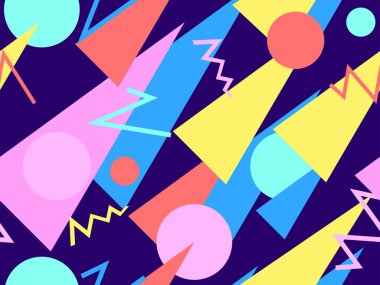 Memphis kusursuz desen. Geometrik elementler 80 'ler tarzında memphis. Kağıt, reklam materyali ve kumaş basmak için modaya uygun bir geçmişe dönüş. Vektör illüstrasyonu