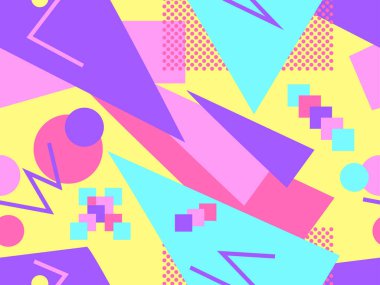 Memphis kusursuz desen. Geometrik elementler 80 'ler tarzında memphis. Kağıt, reklam materyali ve kumaş basmak için modaya uygun bir geçmişe dönüş. Vektör illüstrasyonu