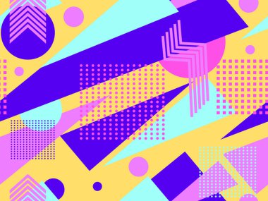 Memphis kusursuz desen. Geometrik elementler 80 'ler tarzında memphis. Kağıt, reklam materyali ve kumaş basmak için modaya uygun bir geçmişe dönüş. Vektör illüstrasyonu