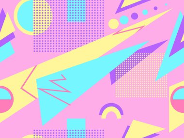 Memphis kusursuz desen. Geometrik elementler 80 'ler tarzında memphis. Kağıt, reklam materyali ve kumaş basmak için modaya uygun bir geçmişe dönüş. Vektör illüstrasyonu