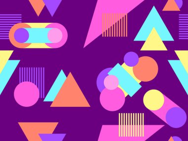 Memphis kusursuz desen. Geometrik elementler 80 'ler tarzında memphis. Kağıt, reklam materyali ve kumaş basmak için modaya uygun bir geçmişe dönüş. Vektör illüstrasyonu