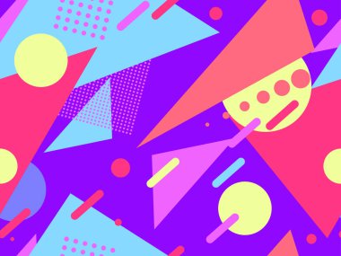 Memphis kusursuz desen. Geometrik elementler 80 'ler tarzında memphis. Kağıt, reklam materyali ve kumaş basmak için modaya uygun bir geçmişe dönüş. Vektör illüstrasyonu