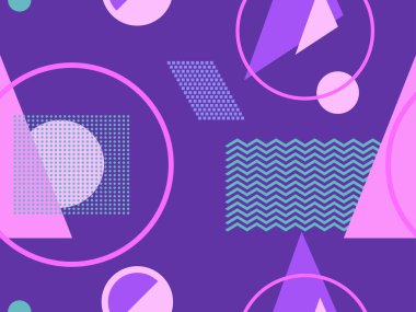 Memphis kusursuz desen. Geometrik elementler 80 'ler tarzında memphis. Kağıt, reklam materyali ve kumaş basmak için modaya uygun bir geçmişe dönüş. Vektör illüstrasyonu