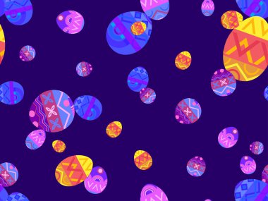 Paskalya yumurtaları pürüzsüz. Mutlu Paskalyalar. Çok renkli Paskalya yumurtaları. Afişler için şenlik arka planı, kağıda basım, ambalaj kağıdı. Vektör illüstrasyonu