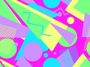 Memphis kusursuz desen. Geometrik elementler 80 'ler tarzında memphis. Kağıt, reklam materyali ve kumaş basmak için modaya uygun bir geçmişe dönüş. Vektör illüstrasyonu