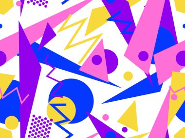 Memphis kusursuz desen. Geometrik elementler 80 'ler tarzında memphis. Kağıt, reklam materyali ve kumaş basmak için modaya uygun bir geçmişe dönüş. Vektör illüstrasyonu