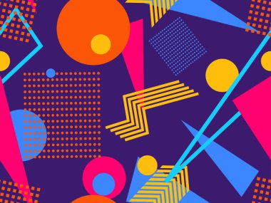 Memphis kusursuz desen. Geometrik elementler 80 'ler tarzında memphis. Kağıt, reklam materyali ve kumaş basmak için modaya uygun bir geçmişe dönüş. Vektör illüstrasyonu