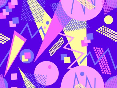 Memphis kusursuz desen. Geometrik elementler 80 'ler tarzında memphis. Kağıt, reklam materyali ve kumaş basmak için modaya uygun bir geçmişe dönüş. Vektör illüstrasyonu