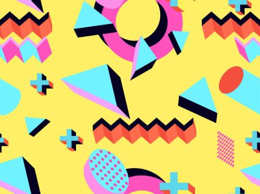 Memphis kusursuz desen. Geometrik elementler 80 'ler tarzında memphis. İzometrik 3D objelerle arka plan, promosyon ürünleri için sanal gerçeklik, ambalaj kağıdı. Vektör illüstrasyonu