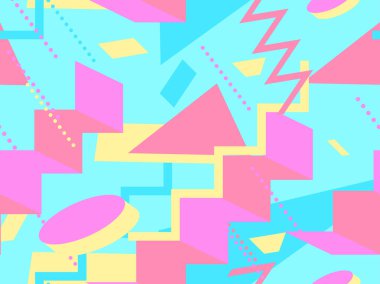 Memphis kusursuz desen. Geometrik elementler 80 'ler tarzında memphis. İzometrik 3D objelerle arka plan, promosyon ürünleri için sanal gerçeklik, ambalaj kağıdı. Vektör illüstrasyonu