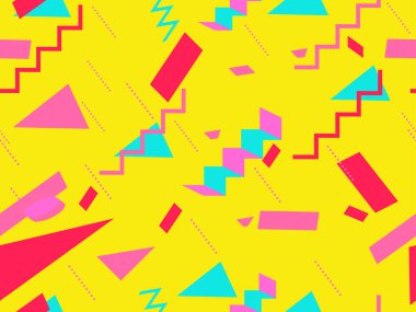 Memphis kusursuz desen. Geometrik elementler 80 'ler tarzında memphis. İzometrik 3D objelerle arka plan, promosyon ürünleri için sanal gerçeklik, ambalaj kağıdı. Vektör illüstrasyonu