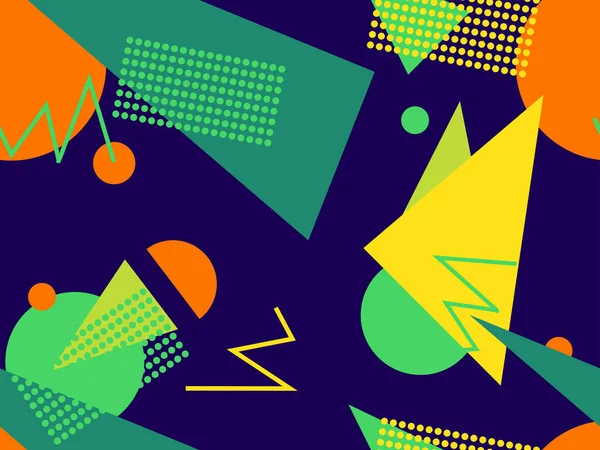 Memphis kusursuz desen. Geometrik elementler 80 'ler tarzında memphis. Kağıt, reklam materyali ve kumaş basmak için modaya uygun bir geçmişe dönüş. Vektör illüstrasyonu
