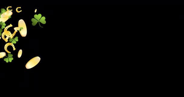 聖パトリックの日のお祝いのアニメーションクローバー 金貨や蹄鉄 四つ葉と三つ葉のクローバー 水平成分 4Kビデオ品質 — ストック動画