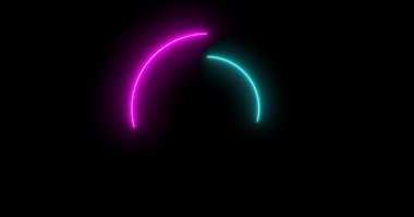 Neon yüzük çerçevesi. Siyah arkaplanda soyut ışık çemberi çiz. Parlayan ışınlar, hareketli grafik animasyon. Yatay bileşim, 4k video kalitesi