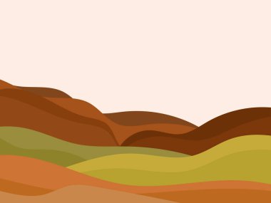 Minimalist tarzda doğal bir manzara. Düzlükler ve dağlar, tarlalar ve çayırlar. Parmak izleri, posterler ve iç tasarım için boho dekoru. Orta Çağ modern dekoru. Vektör illüstrasyonu