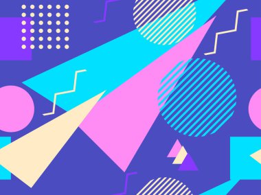 Memphis kusursuz desen. Geometrik elementler 80 'ler tarzında memphis. Kağıt, reklam materyali ve kumaş basmak için modaya uygun bir geçmişe dönüş. Vektör illüstrasyonu