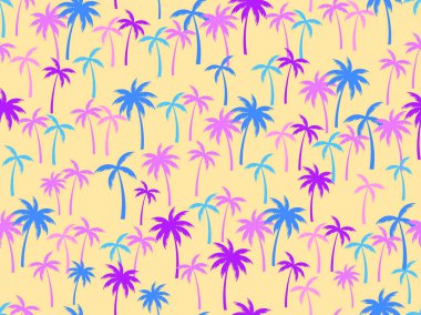 Renkli palmiye ağaçları pürüzsüz desenli. Klasik tropik duvar kağıdı. Poster, seyahat afişi ve ambalaj için tasarım. Vektör illüstrasyonu