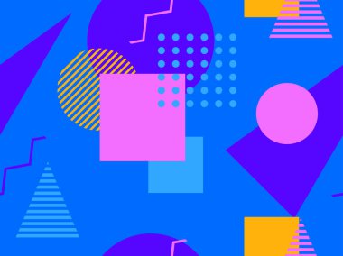 Memphis kusursuz desen. Geometrik elementler 80 'ler tarzında memphis. Kağıt, reklam materyali ve kumaş basmak için modaya uygun bir geçmişe dönüş. Vektör illüstrasyonu