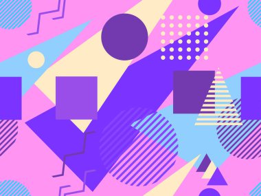 Memphis kusursuz desen. Geometrik elementler 80 'ler tarzında memphis. Kağıt, reklam materyali ve kumaş basmak için modaya uygun bir geçmişe dönüş. Vektör illüstrasyonu