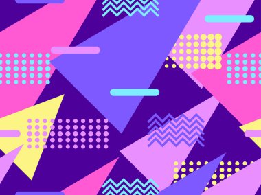 Memphis kusursuz desen. Geometrik elementler 80 'ler tarzında memphis. Kağıt, reklam materyali ve kumaş basmak için modaya uygun bir geçmişe dönüş. Vektör illüstrasyonu