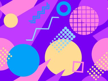 Memphis kusursuz desen. Geometrik elementler 80 'ler tarzında memphis. Kağıt, reklam materyali ve kumaş basmak için modaya uygun bir geçmişe dönüş. Vektör illüstrasyonu