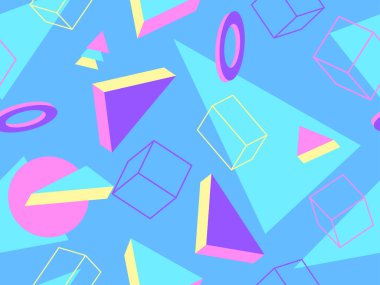 Memphis kusursuz desen. Geometrik elementler 80 'ler tarzında memphis. Kağıt, reklam materyali ve kumaş basmak için modaya uygun bir geçmişe dönüş. Vektör illüstrasyonu
