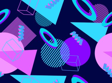 Memphis kusursuz desen. Geometrik elementler 80 'ler tarzında memphis. Kağıt, reklam materyali ve kumaş basmak için modaya uygun bir geçmişe dönüş. Vektör illüstrasyonu