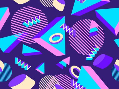 Memphis kusursuz desen. Geometrik elementler 80 'ler tarzında memphis. Kağıt, reklam materyali ve kumaş basmak için modaya uygun bir geçmişe dönüş. Vektör illüstrasyonu
