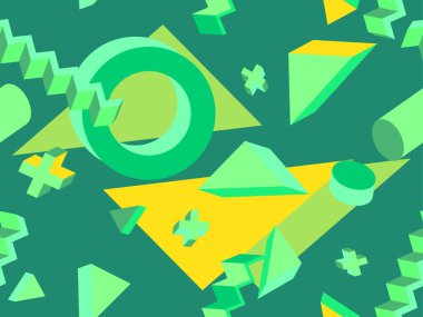 Memphis kusursuz desen. Geometrik elementler 80 'ler tarzında memphis. Kağıt, reklam materyali ve kumaş basmak için modaya uygun bir geçmişe dönüş. Vektör illüstrasyonu