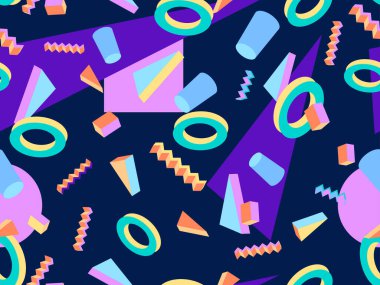 Memphis kusursuz desen. Geometrik elementler 80 'ler tarzında memphis. Kağıt, reklam materyali ve kumaş basmak için modaya uygun bir geçmişe dönüş. Vektör illüstrasyonu