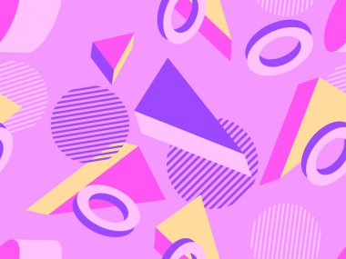 Memphis kusursuz desen. Geometrik elementler 80 'ler tarzında memphis. Kağıt, reklam materyali ve kumaş basmak için modaya uygun bir geçmişe dönüş. Vektör illüstrasyonu