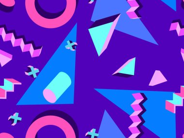 Memphis kusursuz desen. Geometrik elementler 80 'ler tarzında memphis. Kağıt, reklam materyali ve kumaş basmak için modaya uygun bir geçmişe dönüş. Vektör illüstrasyonu