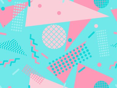 Memphis kusursuz desen. Geometrik elementler 80 'ler tarzında memphis. Kağıt, reklam materyali ve kumaş basmak için modaya uygun bir geçmişe dönüş. Vektör illüstrasyonu