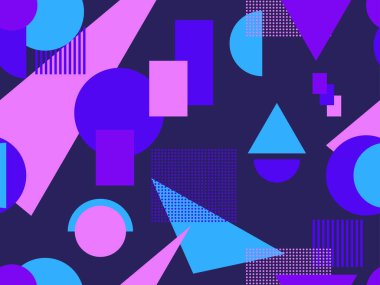 Memphis kusursuz desen. Geometrik elementler 80 'ler tarzında memphis. Kağıt, reklam materyali ve kumaş basmak için modaya uygun bir geçmişe dönüş. Vektör illüstrasyonu