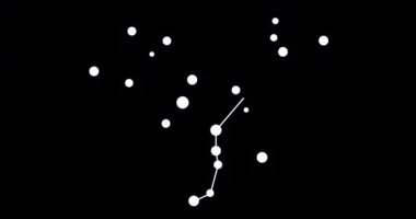 Andromeda takımyıldızı. Gece gökyüzünde yıldızlar. Takımyıldızı siyah-beyaz olarak çizilmiş sanat tarzında. Yıldızlar ve galaksiler kümesi. Yatay bileşim, 4k video kalitesi