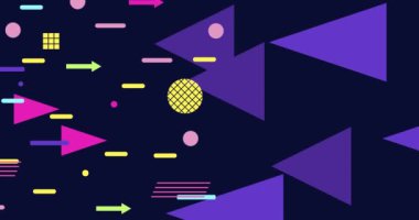 80 'lerin Memphis tarzında geometrik figürler, geometri uçuşu. Canlandırılmış soyut arkaplan. Yatay bileşim, 4k video kalitesi
