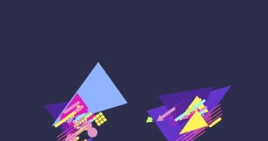 80 'lerin Memphis tarzında geometrik figürler, geometri uçuşu. Canlandırılmış soyut arkaplan. Yatay bileşim, 4k video kalitesi