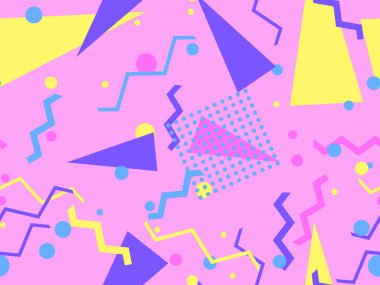 Memphis kusursuz desen. Geometrik elementler 80 'ler tarzında memphis. Kağıt, reklam materyali ve kumaş basmak için modaya uygun bir geçmişe dönüş. Vektör illüstrasyonu