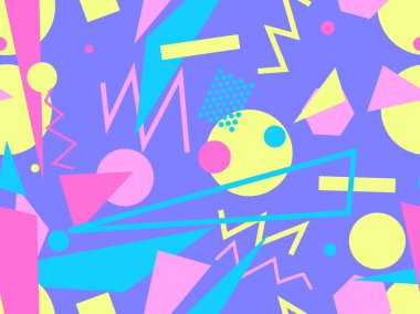 Memphis kusursuz desen. Geometrik elementler 80 'ler tarzında memphis. Kağıt, reklam materyali ve kumaş basmak için modaya uygun bir geçmişe dönüş. Vektör illüstrasyonu