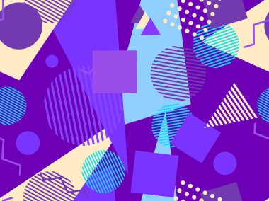 Memphis kusursuz desen. Geometrik elementler 80 'ler tarzında memphis. Kağıt, reklam materyali ve kumaş basmak için modaya uygun bir geçmişe dönüş. Vektör illüstrasyonu