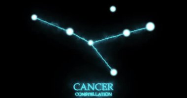 Kanser takımyıldızı. Işık ışınları, lazer ışığı, parlak mavi renk. Gece gökyüzünde yıldızlar. Yıldızlar ve galaksiler kümesi. Yatay bileşim, 4k video kalitesi