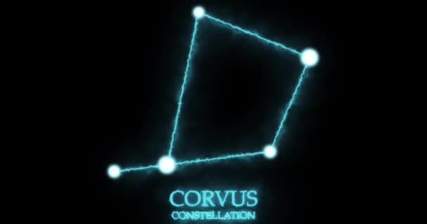 Corvus constellation. Light rays, laser light shining blue color. Stars in the night sky. Cluster of stars and galaxies. Horizontal composition, 4k video quality