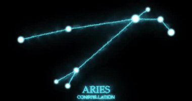 Koç takımyıldızı. Işık ışınları, lazer ışığı, parlak mavi renk. Gece gökyüzünde yıldızlar. Yıldızlar ve galaksiler kümesi. Yatay bileşim, 4k video kalitesi