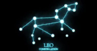 Aslan takımyıldızı. Işık ışınları, lazer ışığı, parlak mavi renk. Gece gökyüzünde yıldızlar. Yıldızlar ve galaksiler kümesi. Yatay bileşim, 4k video kalitesi