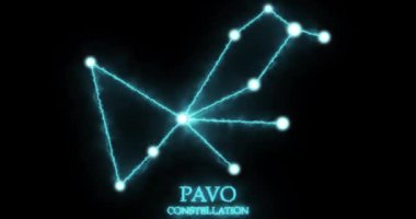 Pavo takımyıldızı. Işık ışınları, lazer ışığı, parlak mavi renk. Gece gökyüzünde yıldızlar. Yıldızlar ve galaksiler kümesi. Yatay bileşim, 4k video kalitesi