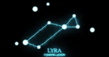 Lyra takımyıldızı. Işık ışınları, lazer ışığı, parlak mavi renk. Gece gökyüzünde yıldızlar. Yıldızlar ve galaksiler kümesi. Yatay bileşim, 4k video kalitesi