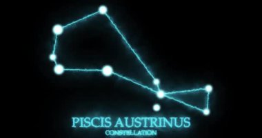 Piscis Austrinus takımyıldızı. Işık ışınları, lazer ışığı, parlak mavi renk. Gece gökyüzünde yıldızlar. Yıldızlar ve galaksiler kümesi. Yatay bileşim, 4k video kalitesi